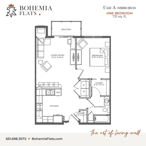 Floor plan for 1 bed, 1 bath, 731 sqft